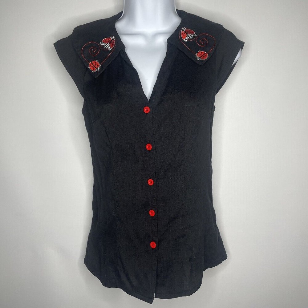 Voodoo Vixen Retro 40s Nena Black Embroidered Ladybug Button Up Blouse Top